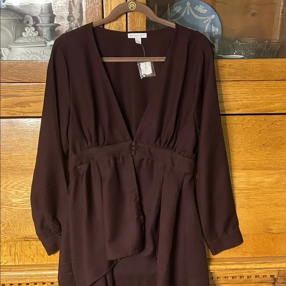 New York & Company Coffee Brown Long Sleeve Midi Chiffon Hi-Low Hem Dress - Picture 2 of 10